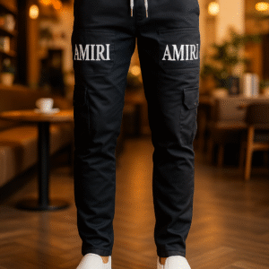 Men’s Black Stretchable Cargo Jogger Pants with AMIRI Print – Streetwear Style