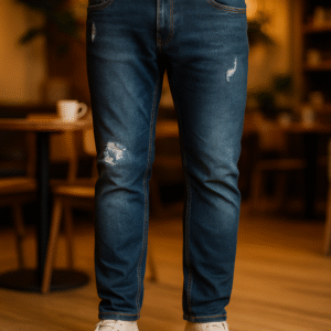 Men’s Dark Blue Distressed Slim Fit Jeans – Stylish Ripped Denim Pants