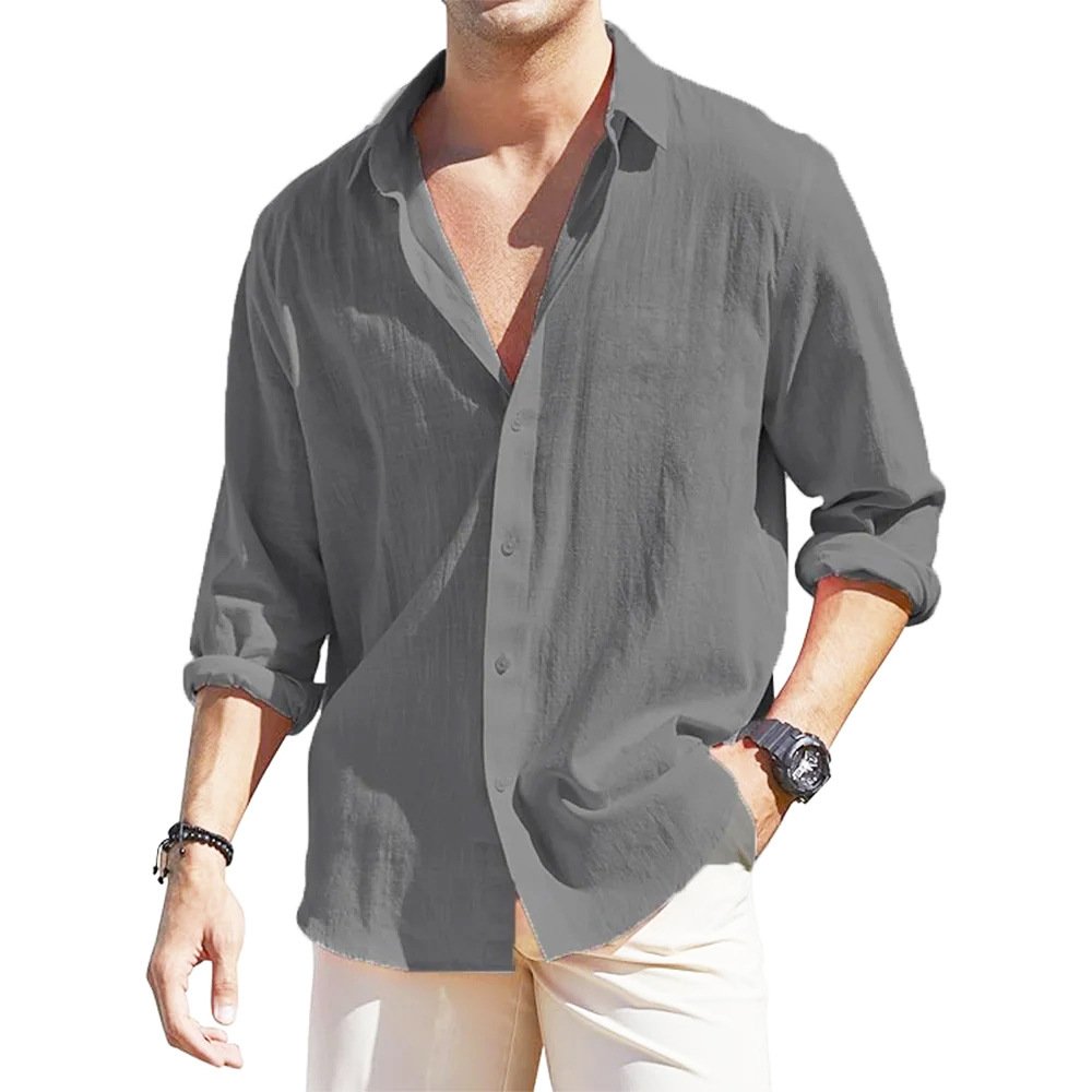 Men's Linen Cardigan Single Row Lapel Long Sleeve Shirt - Image 10