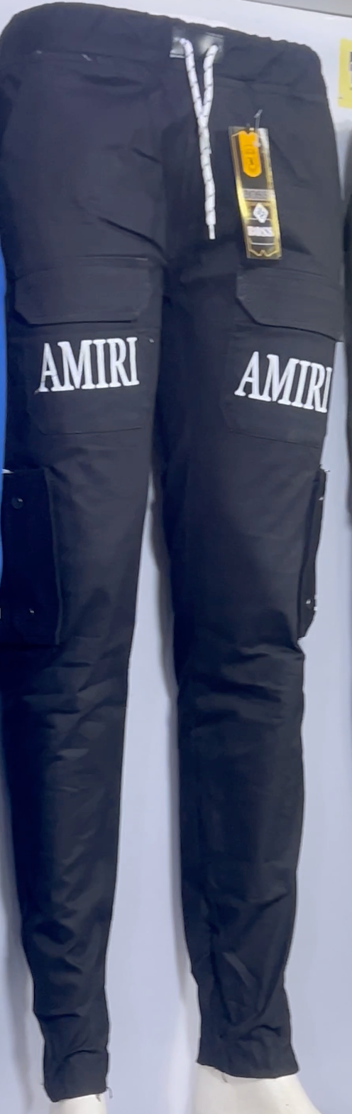 Men’s Black Stretchable Cargo Jogger Pants with AMIRI Print – Streetwear Style - Image 2
