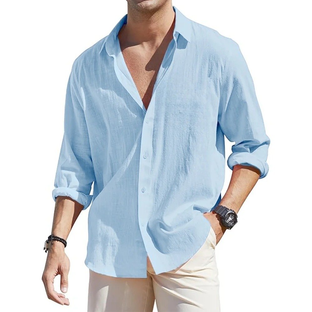 Men's Linen Cardigan Single Row Lapel Long Sleeve Shirt - Image 6