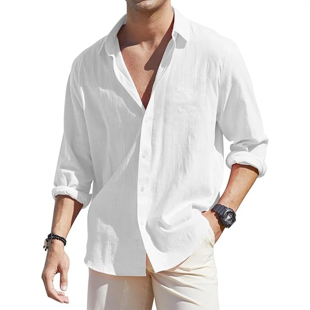 Men's Linen Cardigan Single Row Lapel Long Sleeve Shirt - Image 4