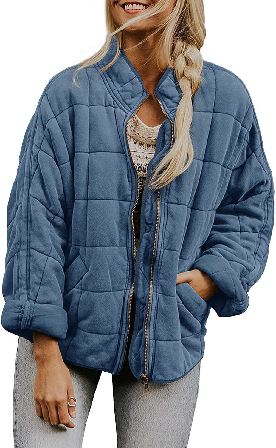 Winter Zip-up Stand Collar Coat With Pockets Fashion Solid Color Plaid Long Sleeved Jacket Women's Clothing - Image 4