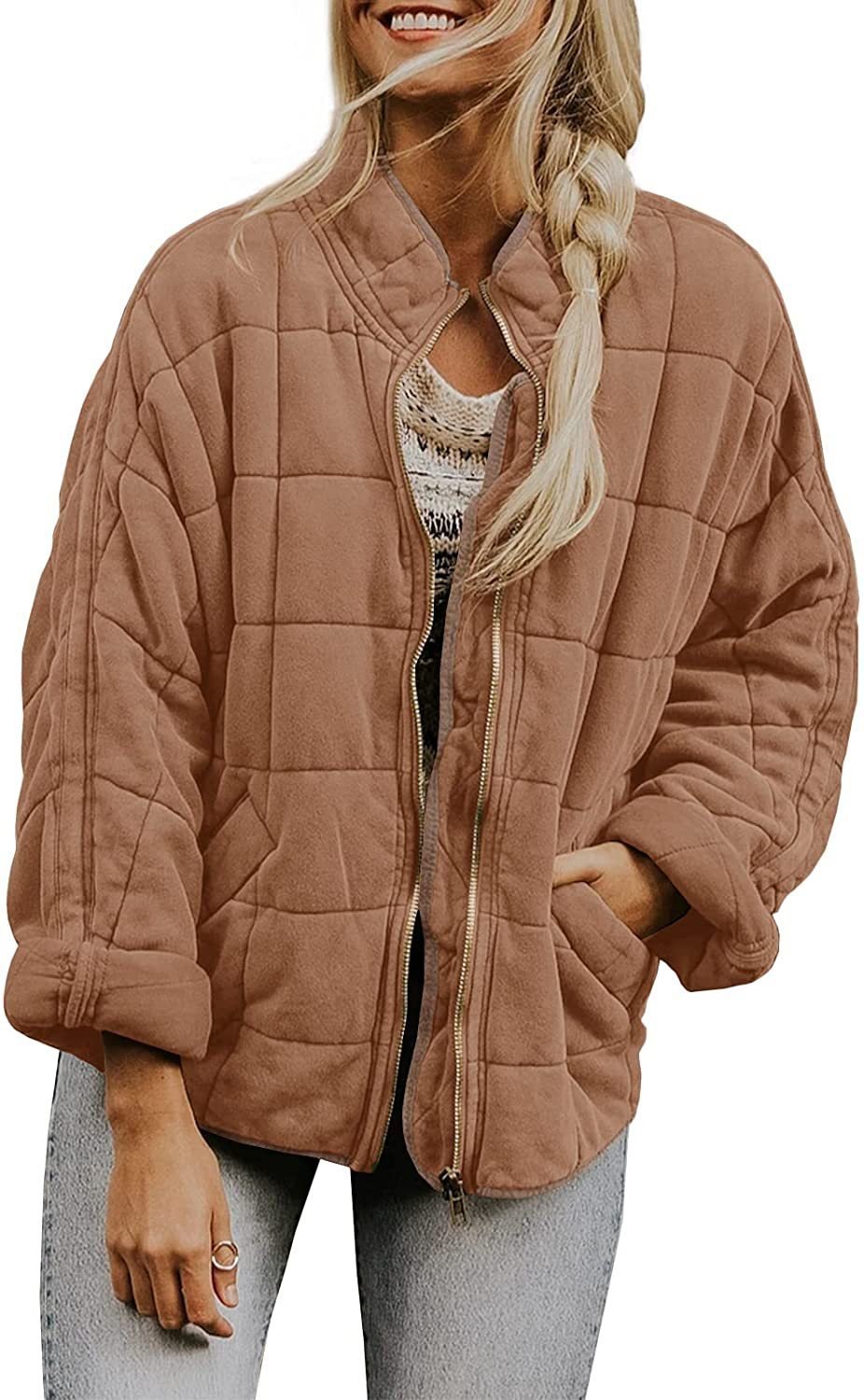 Winter Zip-up Stand Collar Coat With Pockets Fashion Solid Color Plaid Long Sleeved Jacket Women's Clothing - Image 7